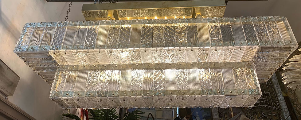 Miniatura: Rectangular Murano Clear Glass Chandelier with Brass Fittings, 1950s