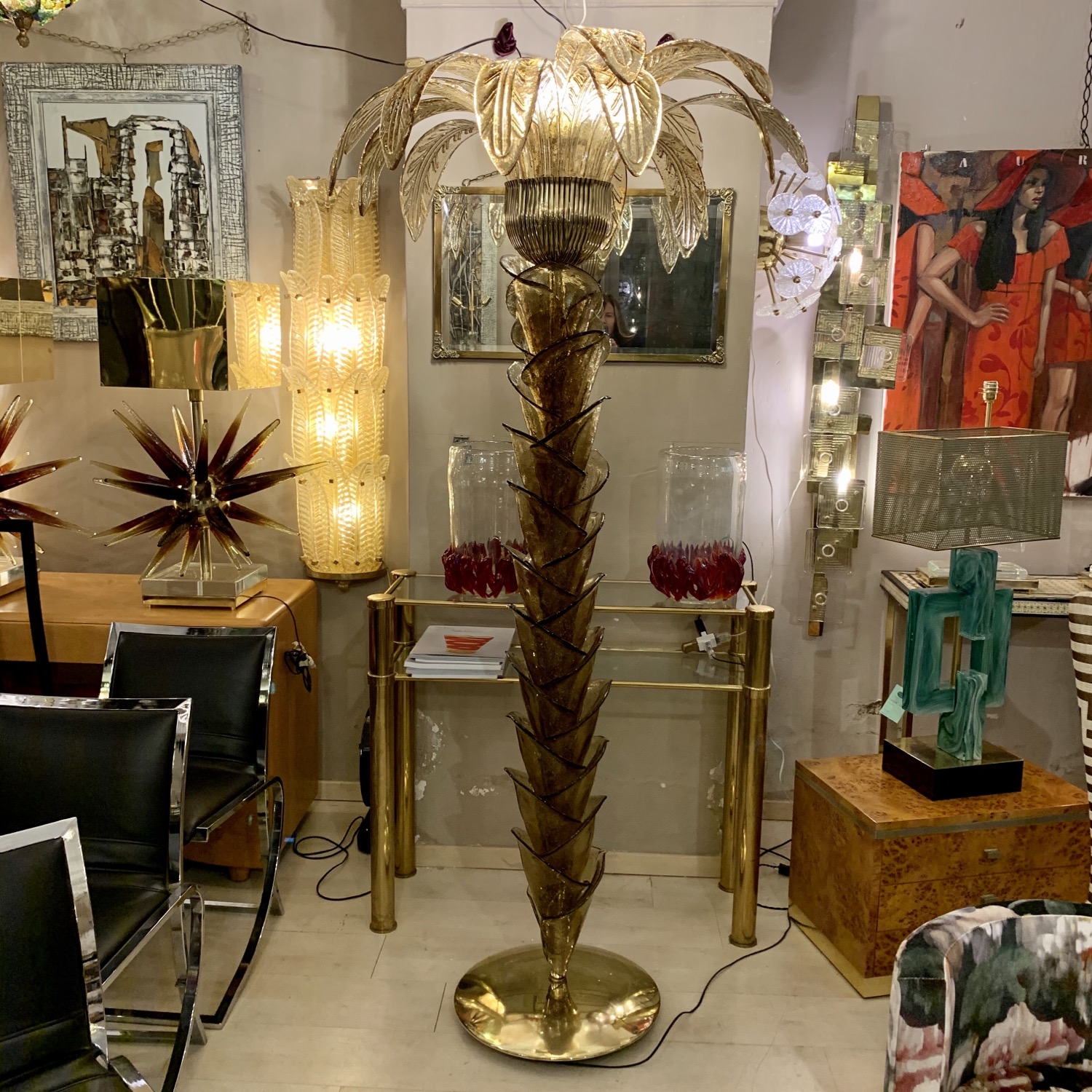 Miniatura: Lampada da terra a palma  in vetro di Murano fumè e oro