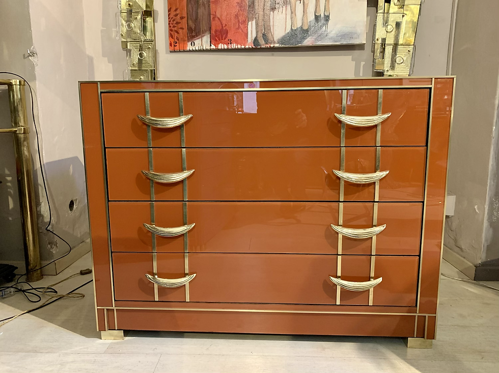 Miniatura: Italian Orange Opaline Glass Chest of Drawers with Brass Handles, 1980s