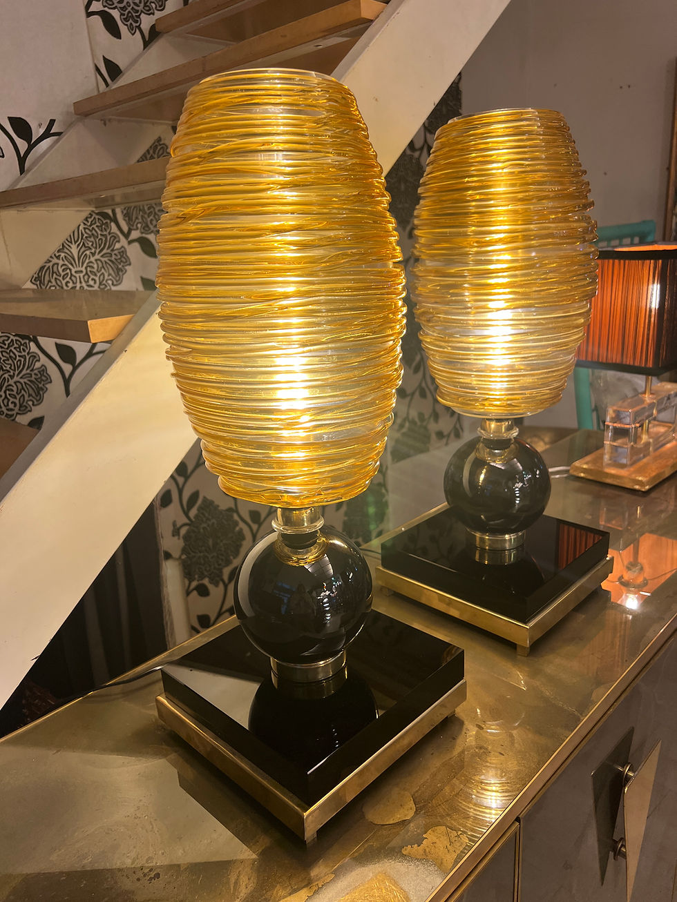 Miniatura: Pair of Hand-blown Amber-Colored Murano Glass Table Lamps by Vistosi Murano 1980