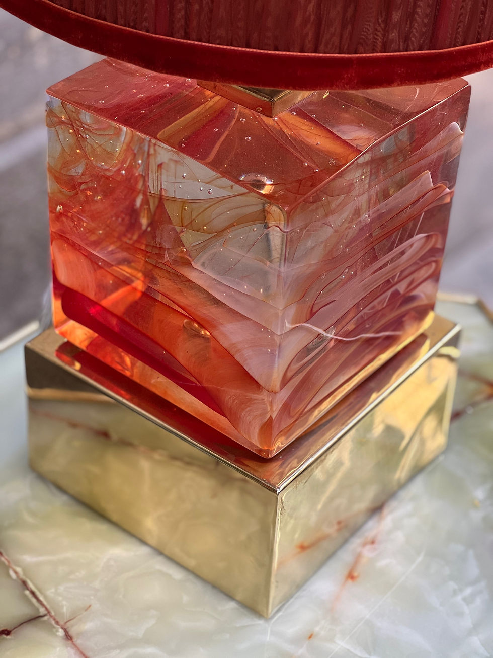 Miniatura: Pair of Orange Solid Cube Murano Glass Table Lamps with Our Lampshades, 1980s