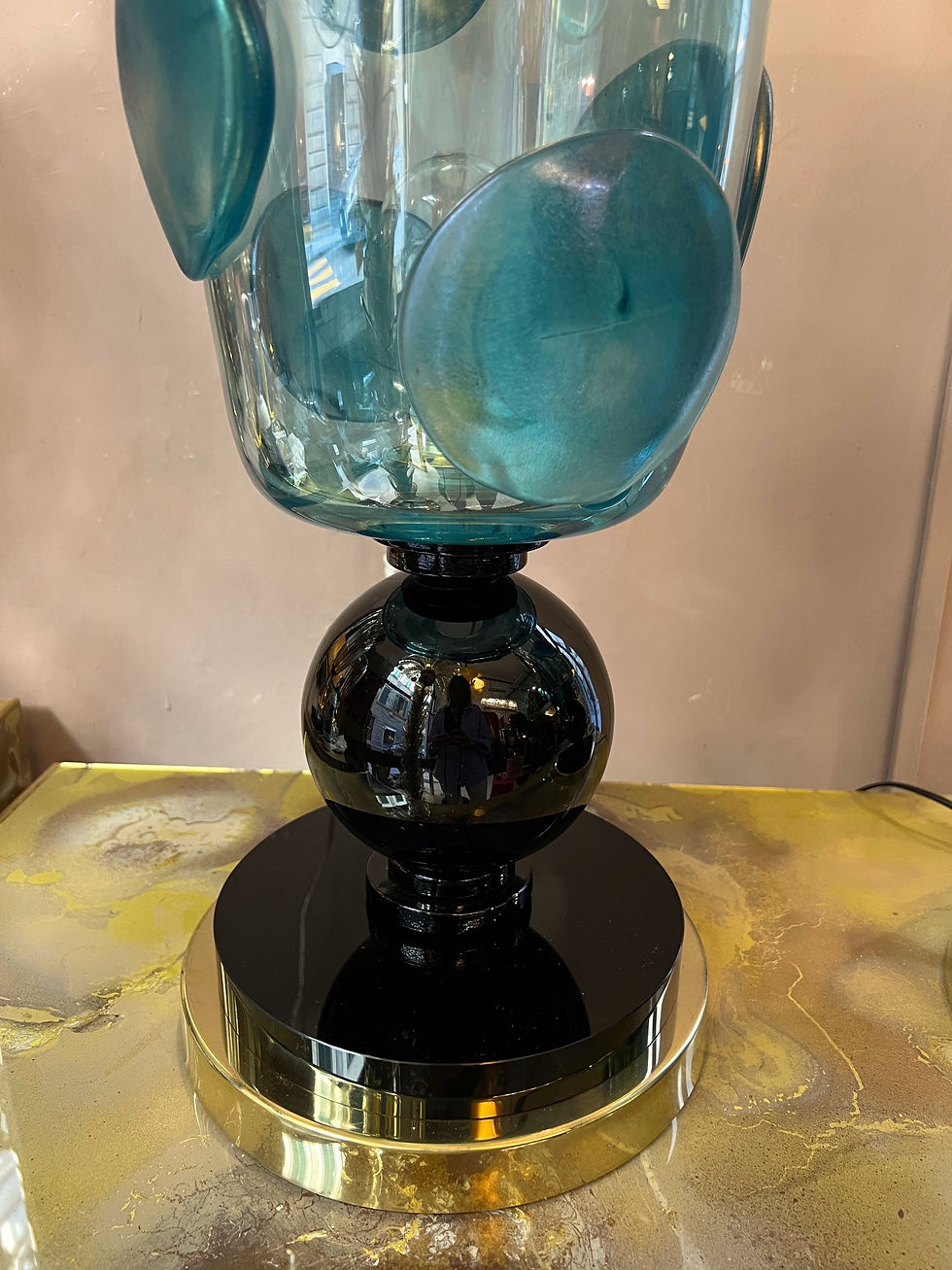 Miniatura: Coppia di Lampade da Tavolo in Vetro di Murano Turchese con base nera, 1980
