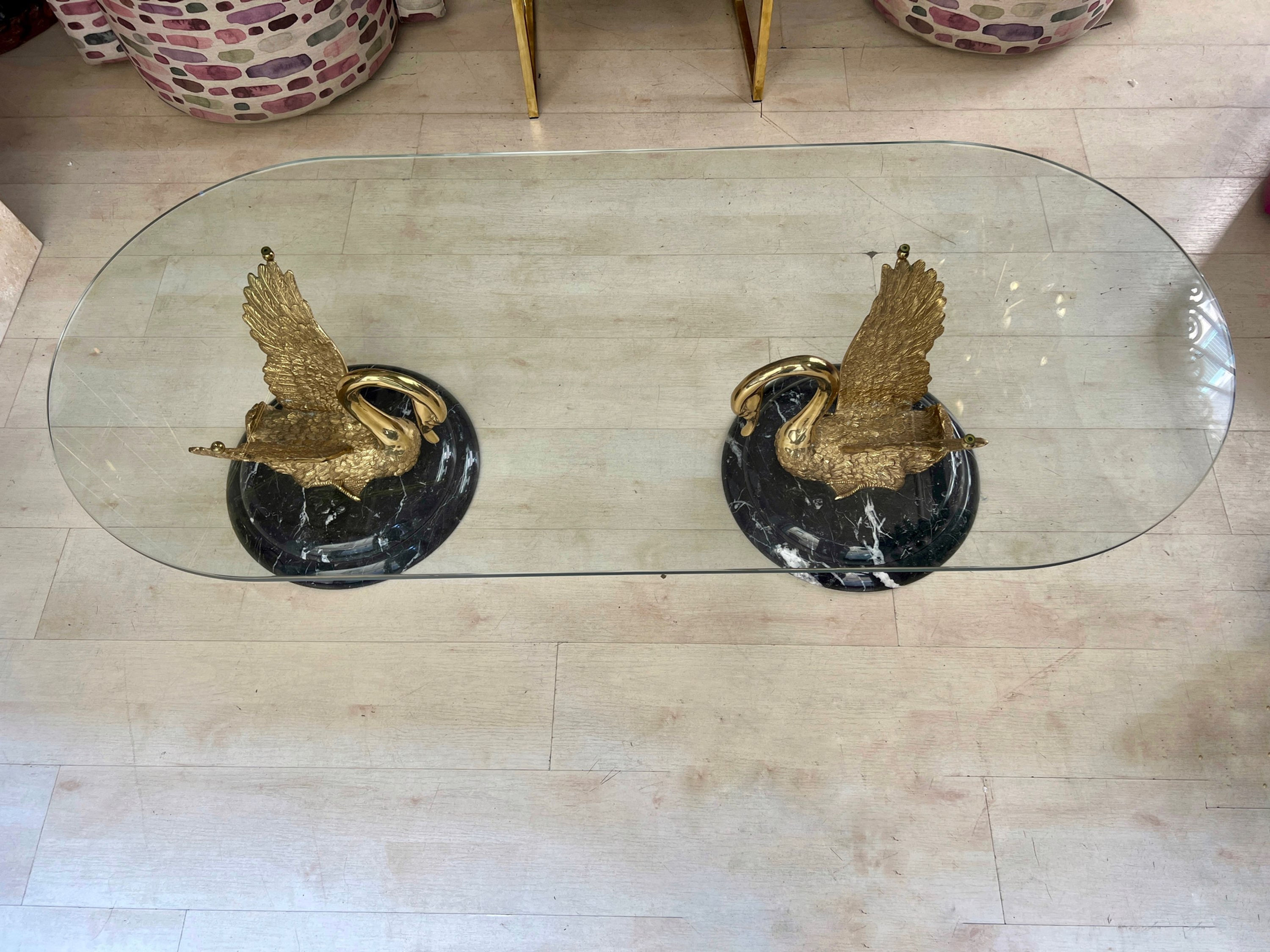 Italian Sculptural Bronze and Marble Swan Statues Coffee Table 1950