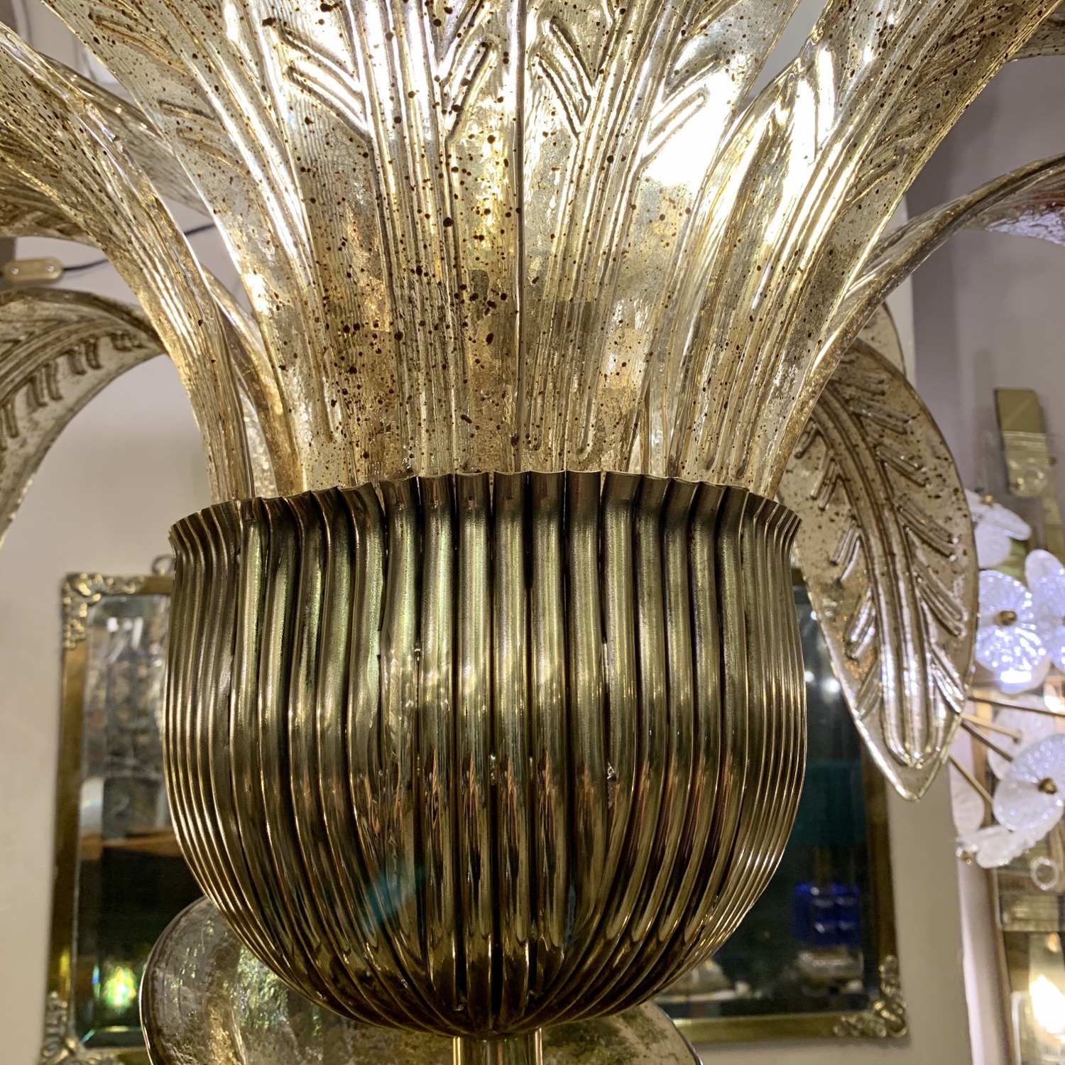 Miniatura: Lampada da terra a palma  in vetro di Murano fumè e oro
