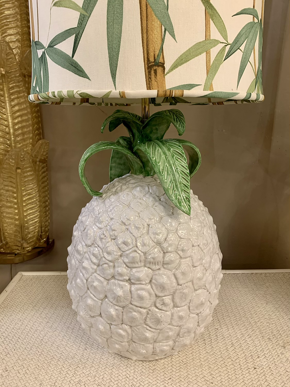 Miniatura: Pair of Pineapple Ceramic Table Lamps with Bamboo Fabric Lampshades, 1970s