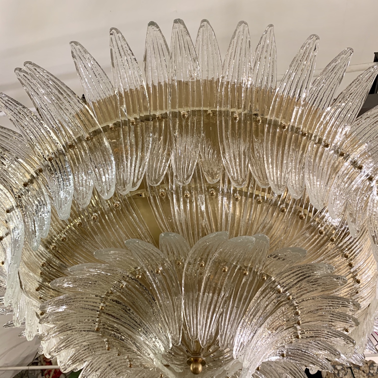 Miniatura: Murano Round Chandelier with Clear Glass Leaves, Brass Structure, 1950s