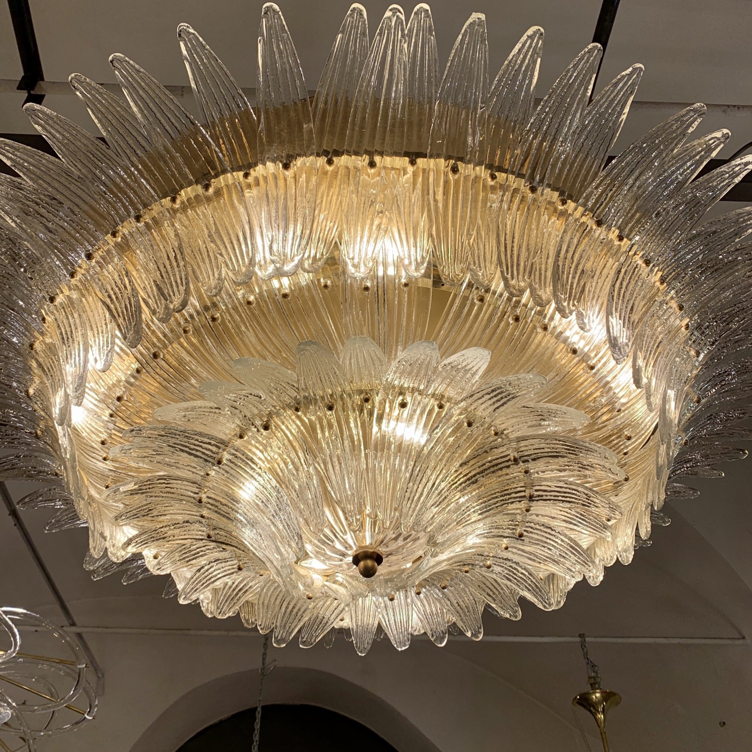 Miniatura: Murano Round Chandelier with Clear Glass Leaves, Brass Structure, 1950s