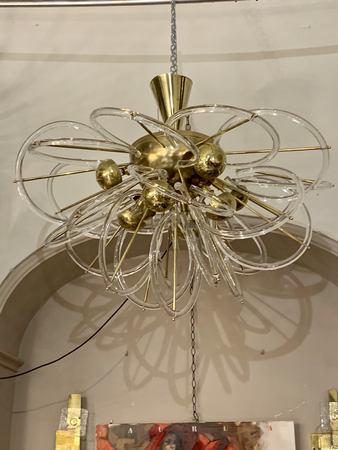 Miniatura: Lampadario di Murano in ottone con cerchi in vetro, 1970
