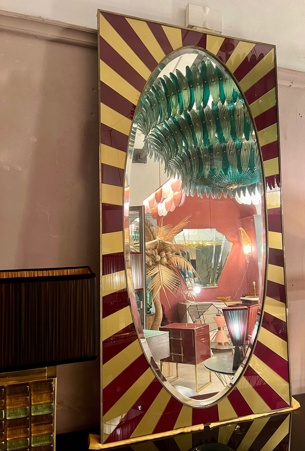 Miniatura: Specchiera Art Deco Rettangolare con cornice in opalina oro e bordeaux