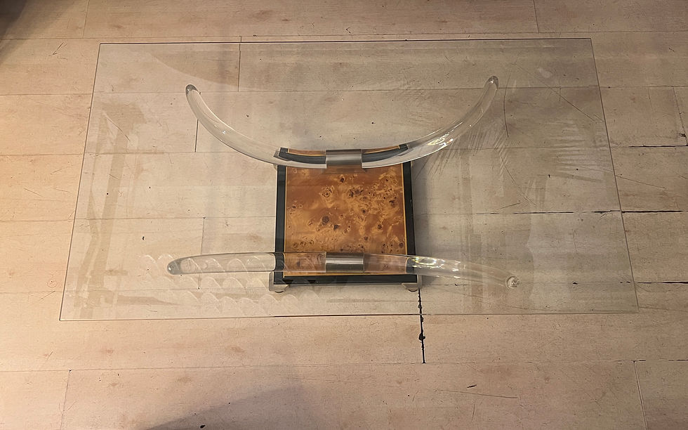 Miniatura: Tavolo da fumo vintage in vetro con corna in Plexiglas e base in radica 1970