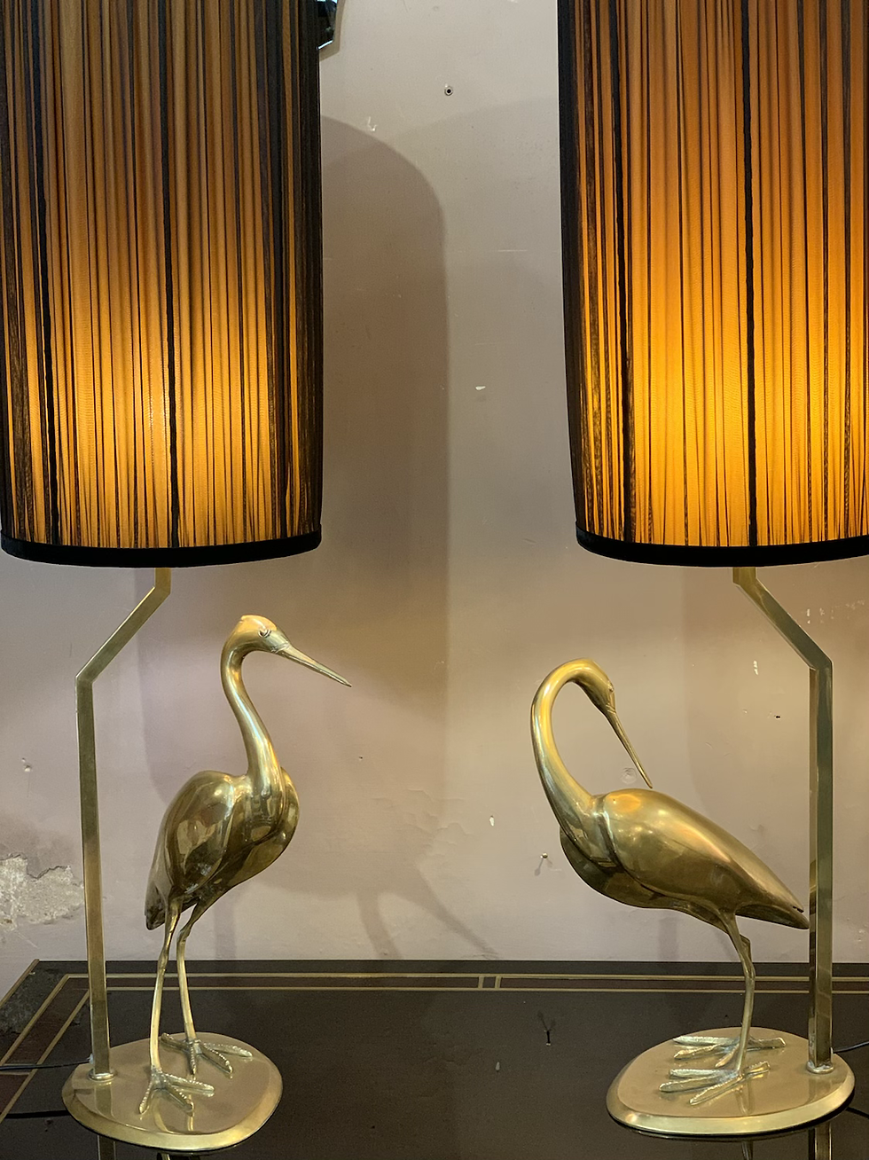 Miniatura: Coppia di cigni scultura in ottone con nostri paralumi doppio colore, 1950s