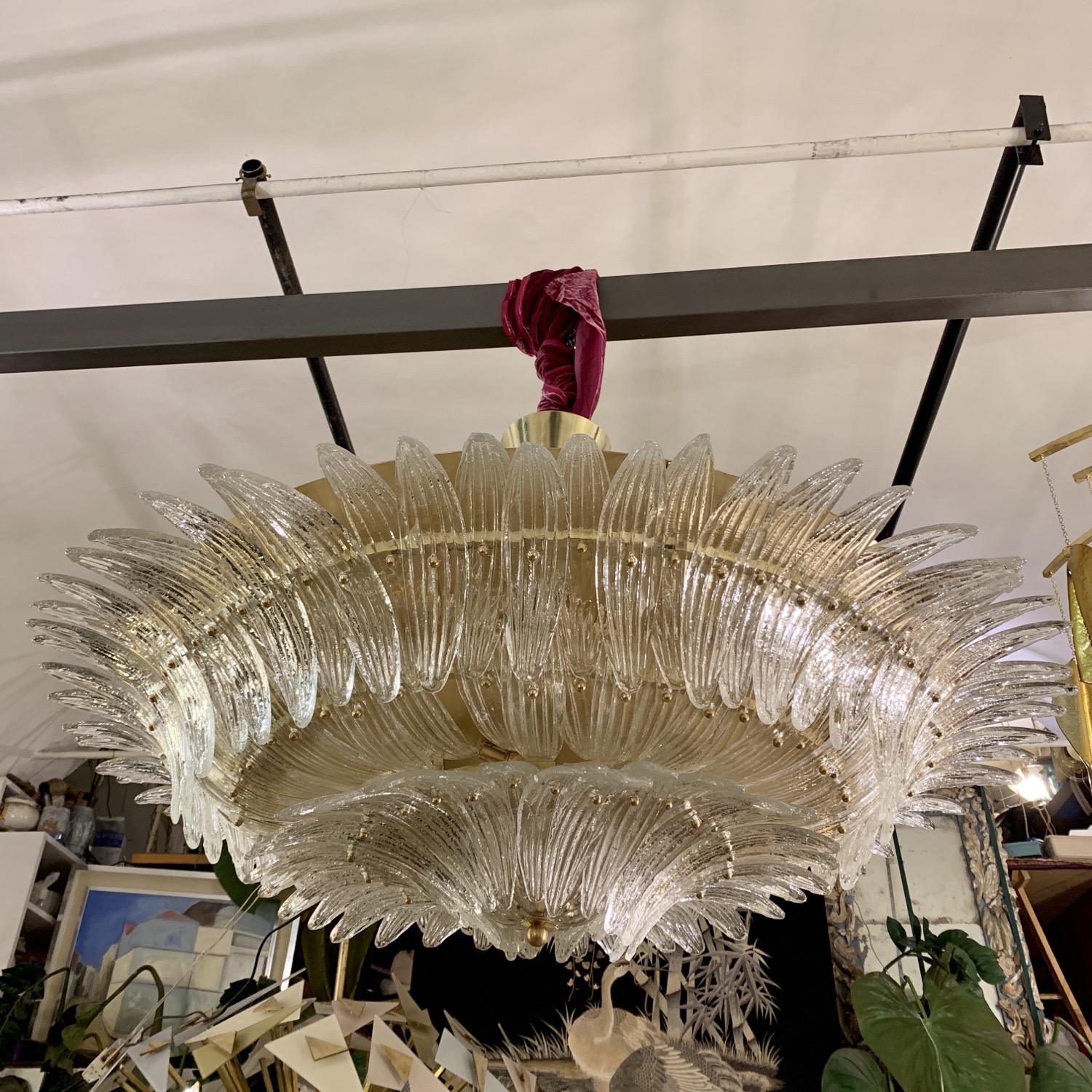 Miniatura: Murano Round Chandelier with Clear Glass Leaves, Brass Structure, 1950s