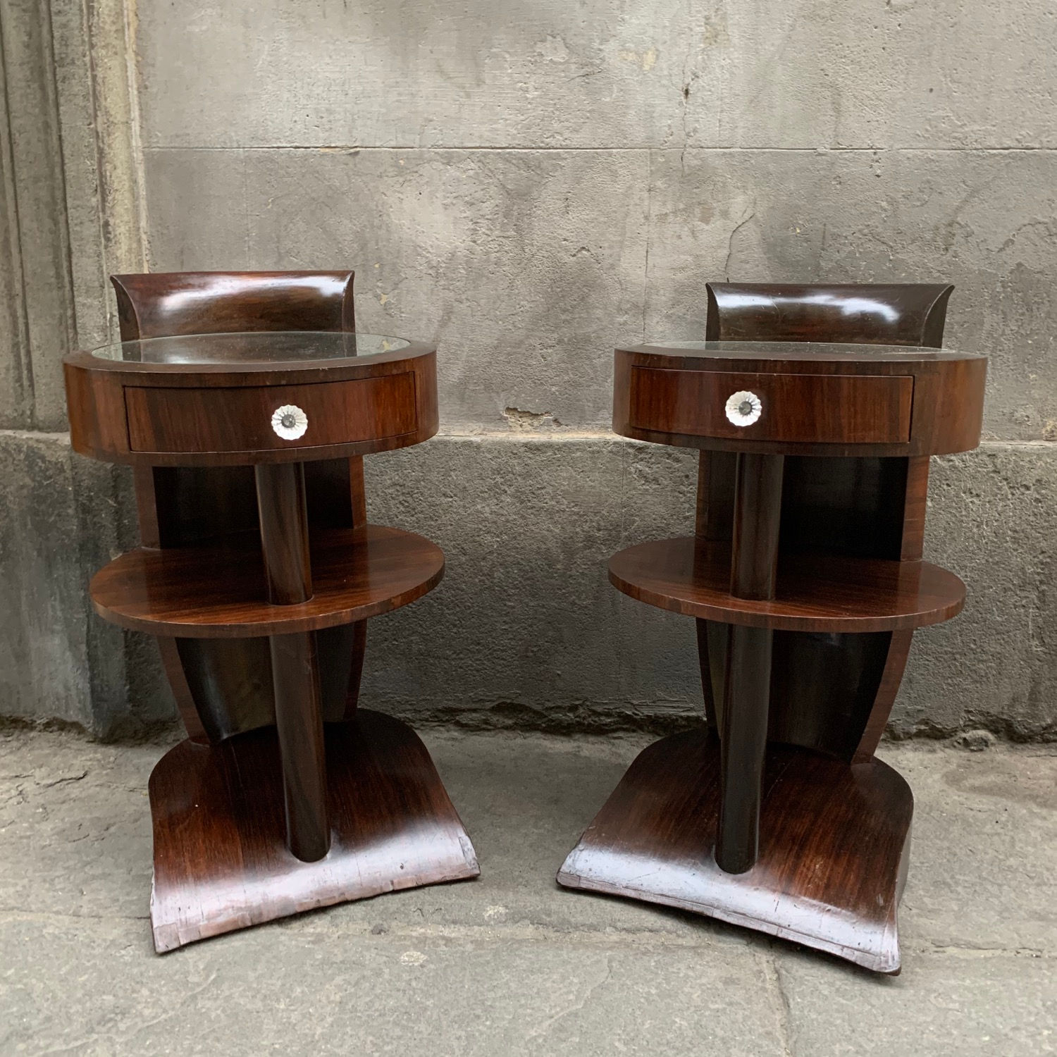 Pair of Art  Deco Mahogany night-stands with mirror round top, 1940s