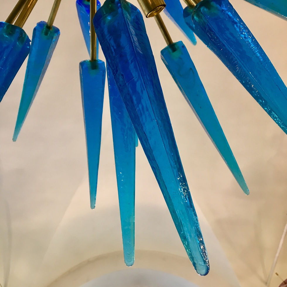 Miniatura: Lampadario sputnik in ottone con vetri di Murano Blu