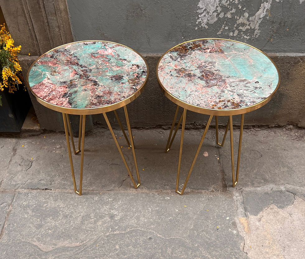 Miniatura: Pair of Amazzonite Marble Round  Side/End Tables with Brass Structure 1980