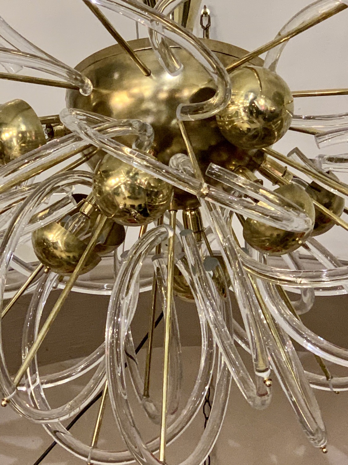 Miniatura: Murano Glass Chandelier with clear glass circles and brass structure, 1970s