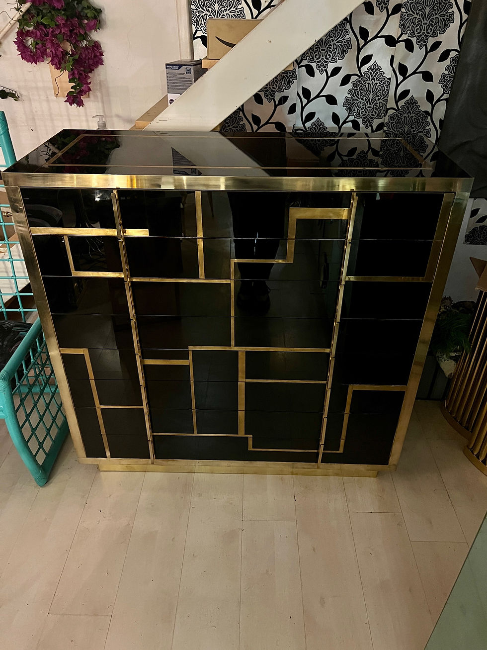 Miniatura: Black Opaline Glass High Chest with Brass and Gold Opaline Glass Inserts, 1970s