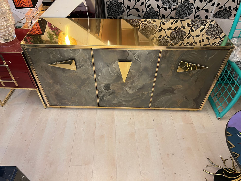 Miniatura: Back Hand-Painted Glass Credenza Marbled Effect with Brass Frames, 1980s