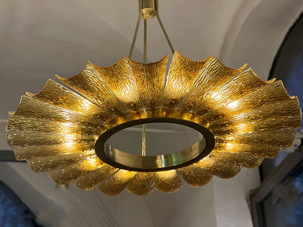 Miniatura: Big Round Amber tone Murano Glass and Brass Chandelier, 1950