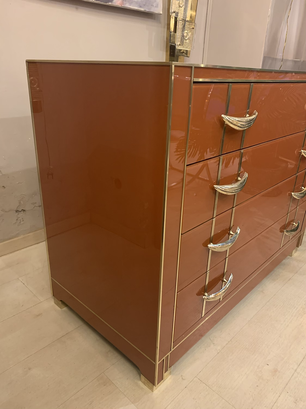 Miniatura: Italian Orange Opaline Glass Chest of Drawers with Brass Handles, 1980s