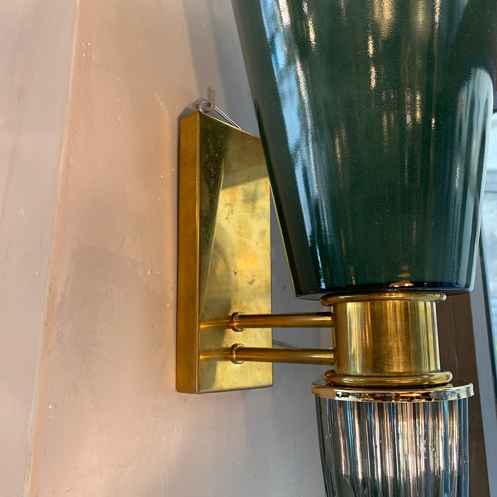 Miniatura: Pair of Art Deco Green Conical Murano Decó Wall Sconces, Brass Fittings