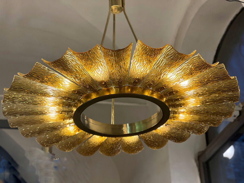Miniatura: Lampadario rotondo in ottone e vetro di Murano ambra, 1950