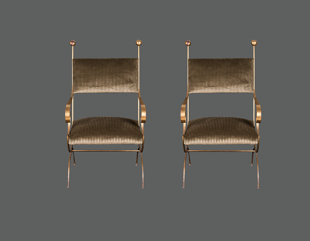 Pair of Vintage French Solid Metal Gold Leaf Painted Armchairs, 1950's