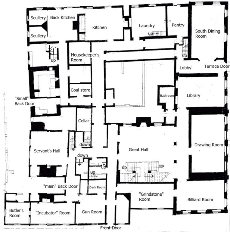 Middleton Hall ground floor plan, 1924. Plan drawn by Barry Flury.
