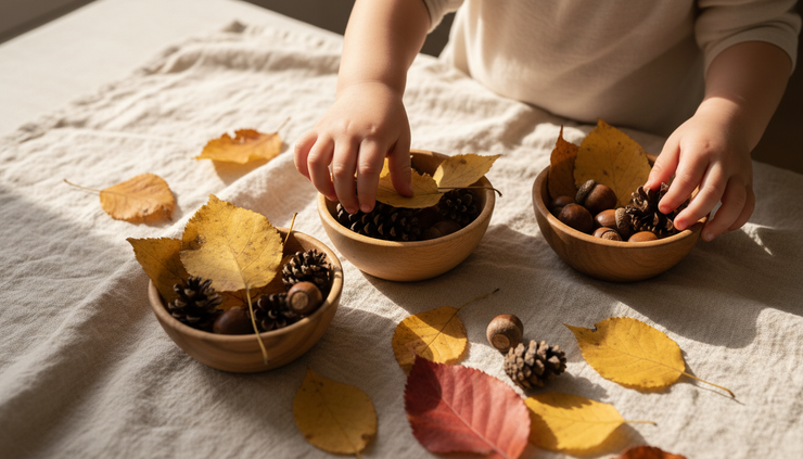 Close-up of small hands sorting autumn leaves and pine cones into wooden bowls.