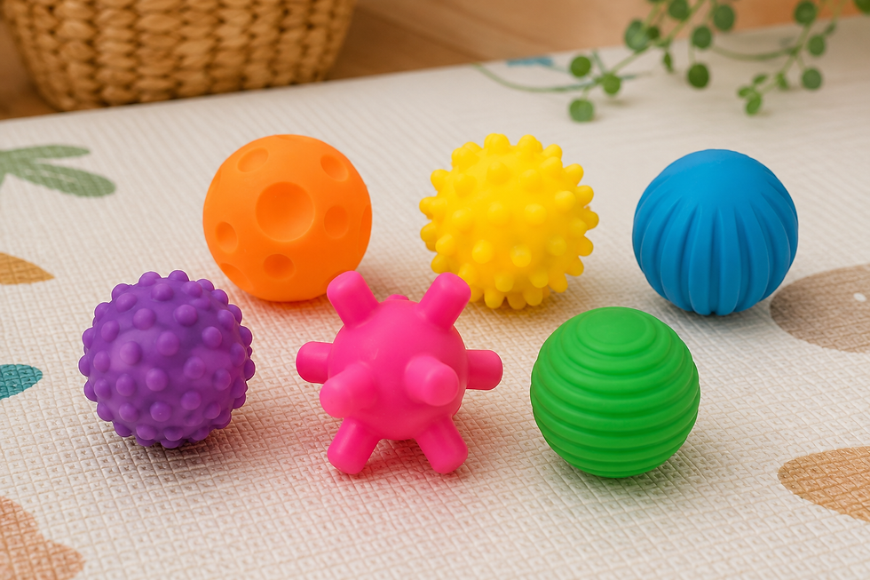 Close-up view of a baby reaching for textured sensory balls on a play mat.