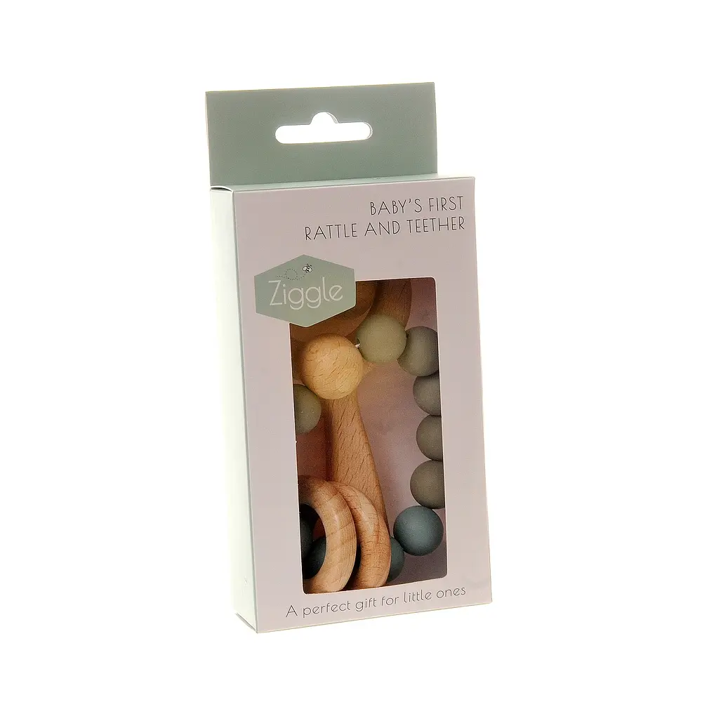 Wooden Bead Teether and Rattle - Blue Grey