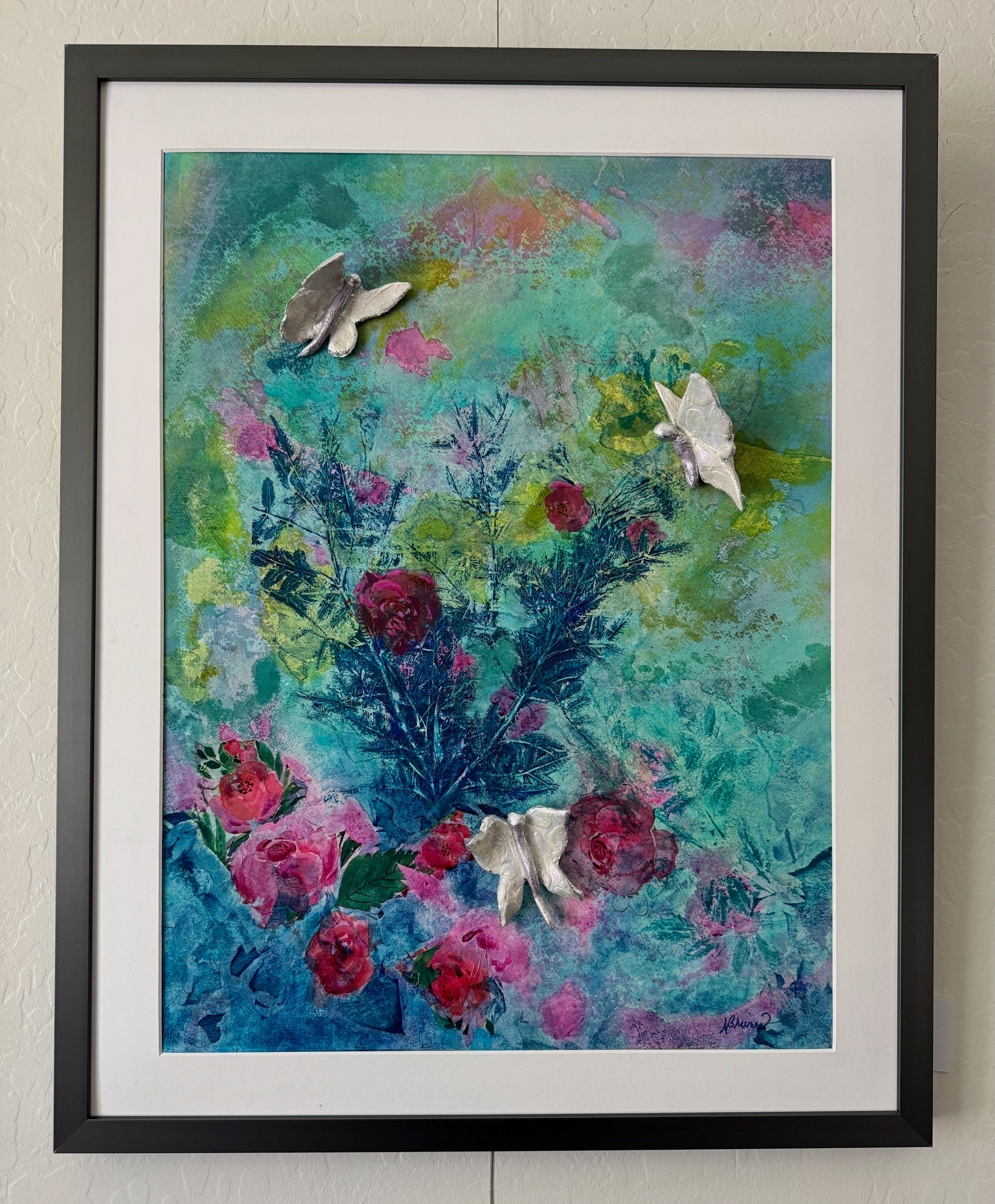 mixed media, butterflies, blue, green silver