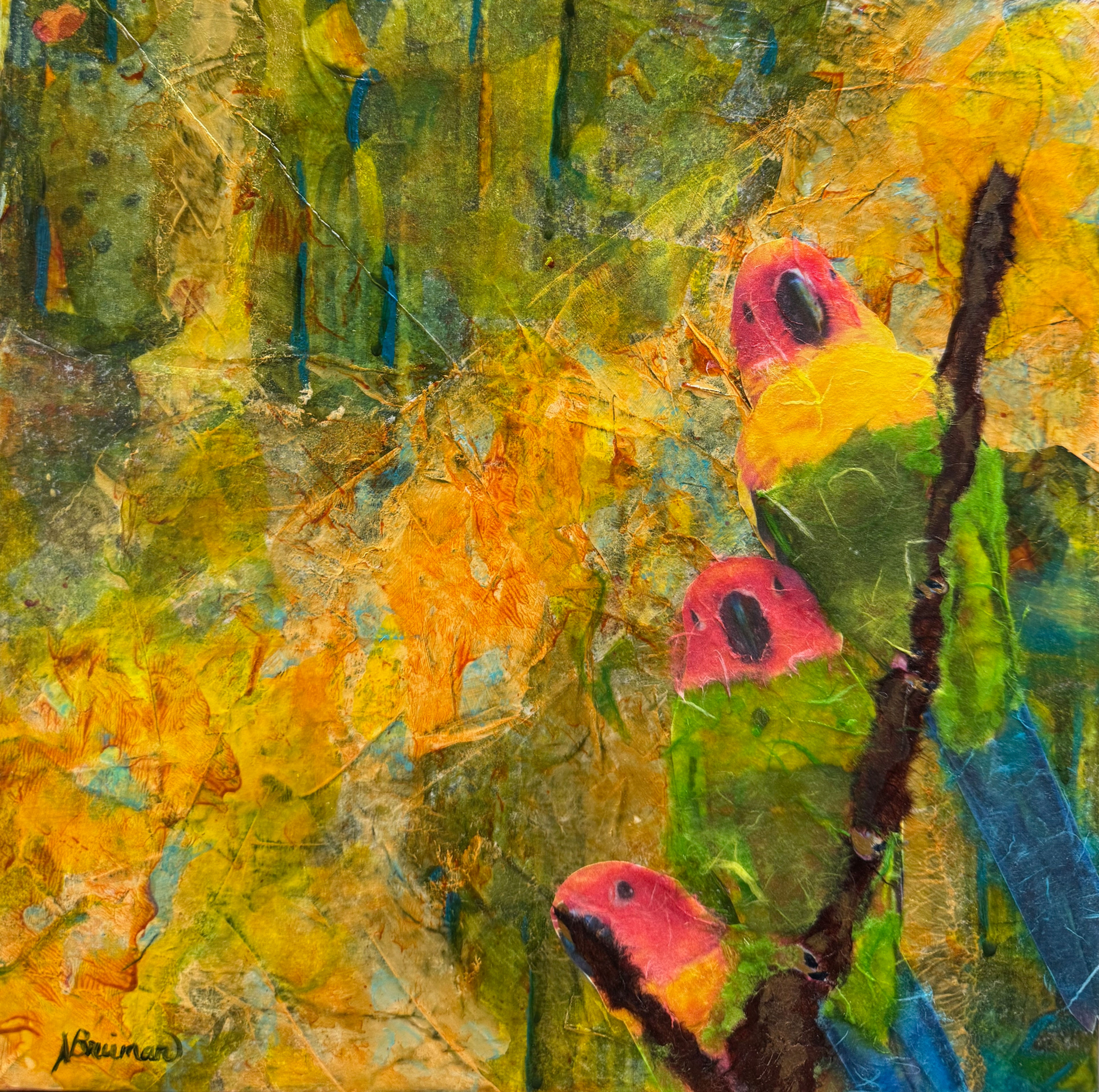 lovebirds, gold, green, trio