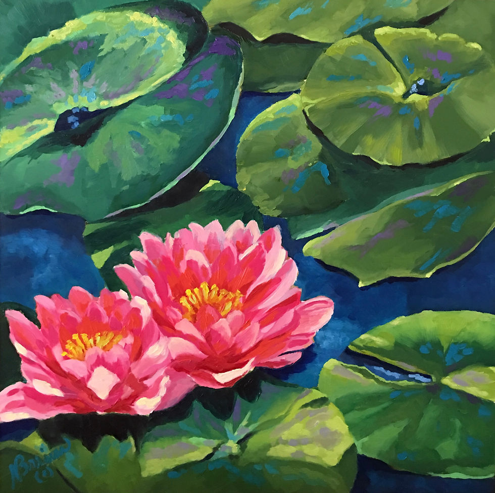 waterlily, ponds, oil painting, pink flowers, aquatic plants