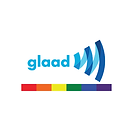 White background. At the bottom are rainbow colors in order. Above this it reads, "Glaad" and next to this there is part of a WiFi symbol.