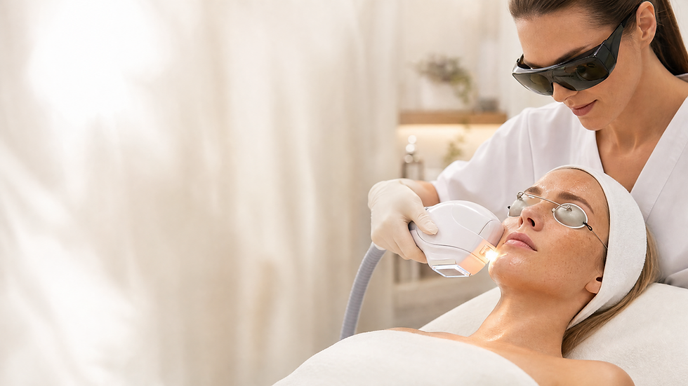 Provider using IPL photo facial handpiece on a patient's face with protective eyewear at The Spa by Sheena in Lubbock, TX