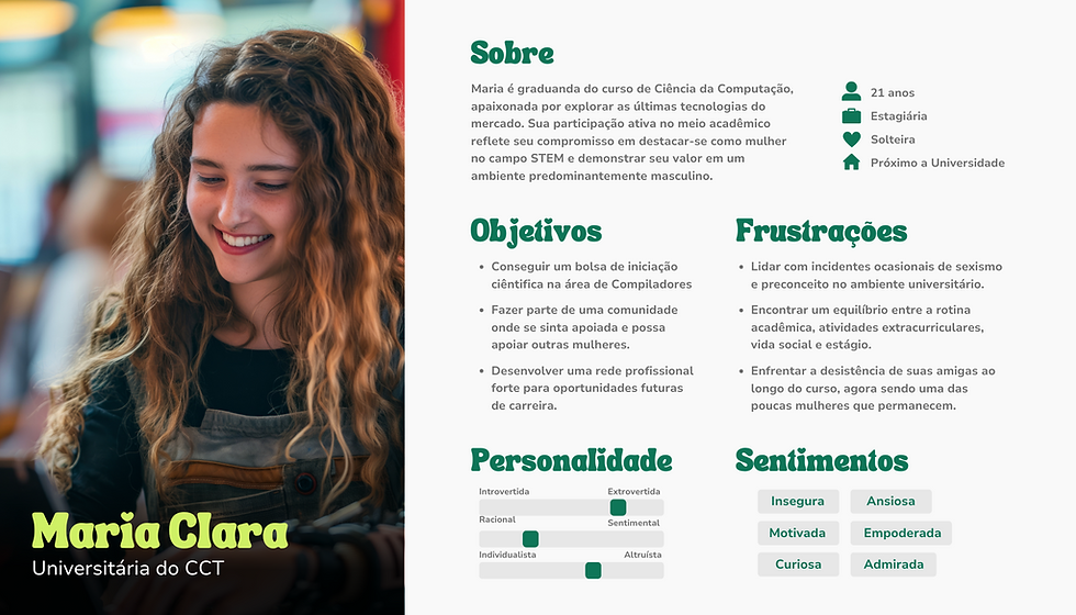 Imagem da persona com seções para: Sobre, objetivos, frustrações, personalidade e sentimentos.