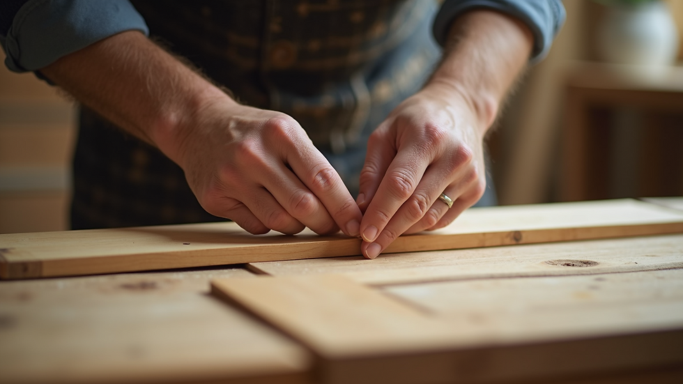 Close-up view of a carpenter’s hands shaping a wooden cabinet door