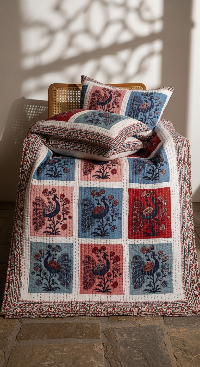 Peacock Garden Quilted Bedspread Set