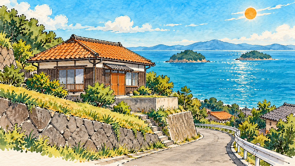 周防大島の海を望む高台の家と細い道・擁壁を描いた手描きイラスト