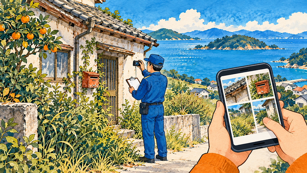 島外所有者へ写真報告をしながら周防大島の空き家を点検する地元不動産会社の手描きイラスト