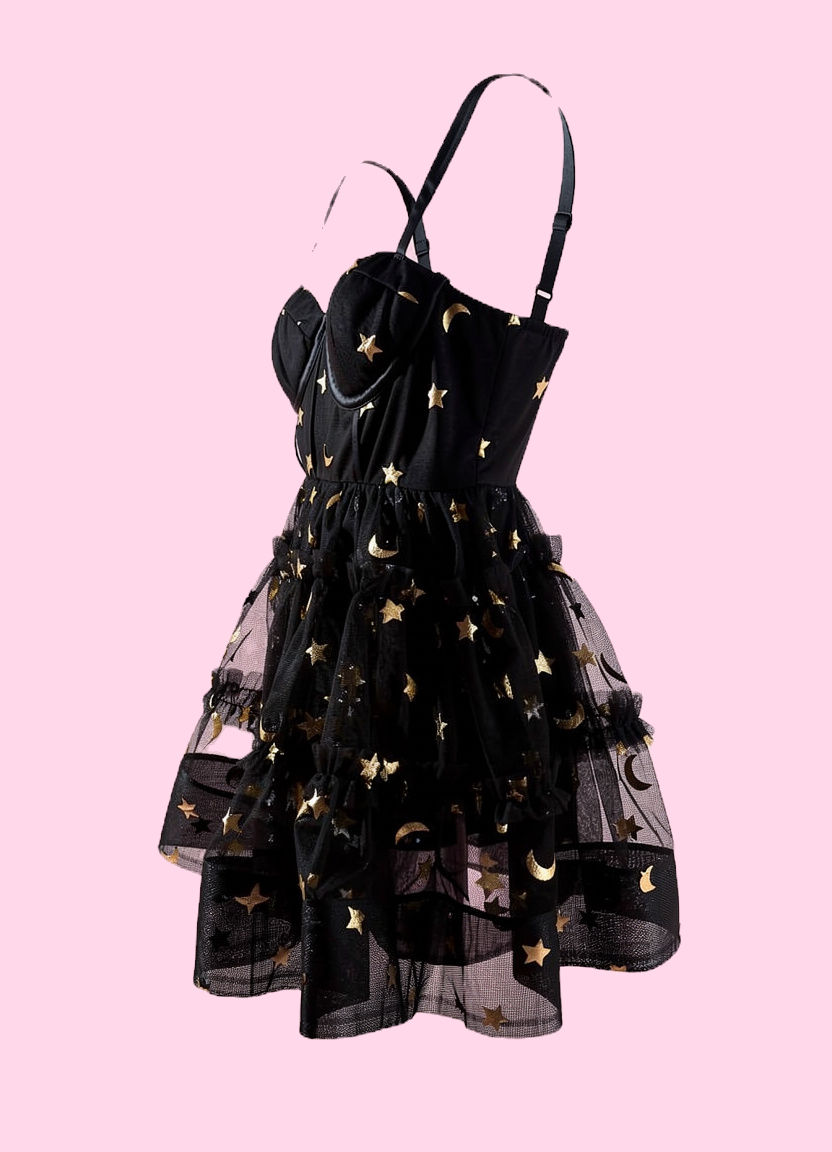 Lace & Beads Petite Babydoll black mini dress in mystical print