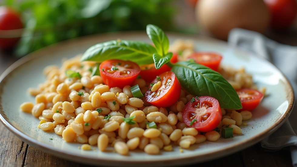 Close-up view of a healthy meal with vegetables and grains