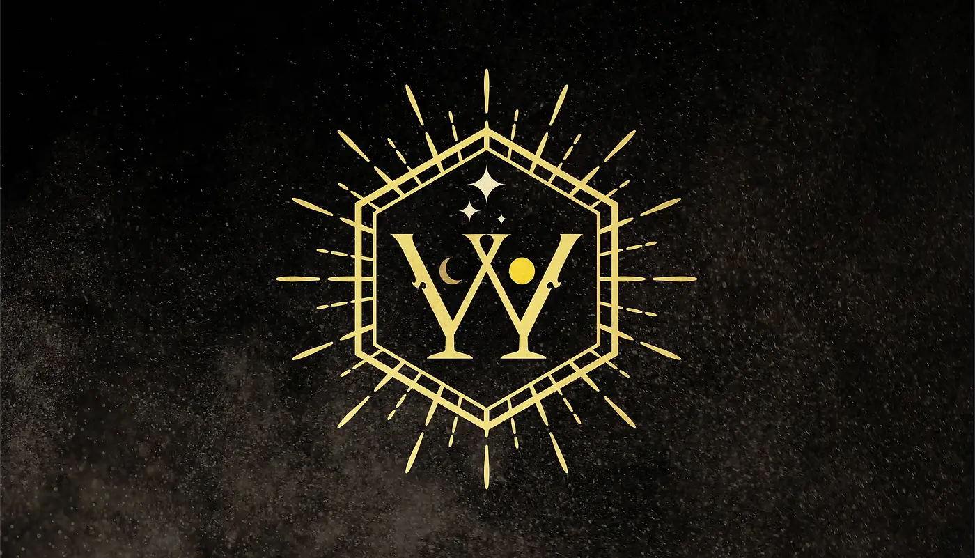 The Wych final logo light white gold hexagon w symbol on starfield