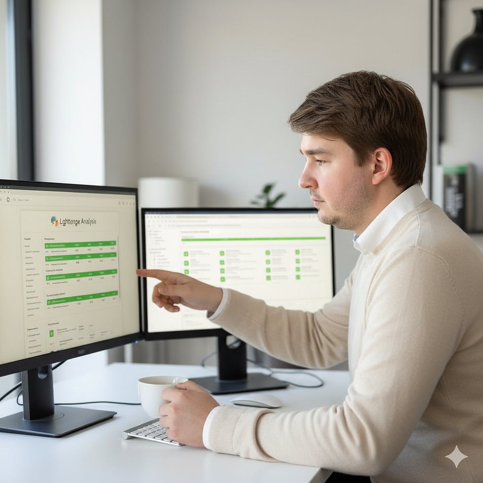 Senior Entwickler prüft Lighthouse-Performance-Metriken und Selenium-Test-Report zur Qualitätssicherung.