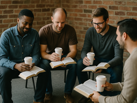 A men's Bible study and drinking coffee