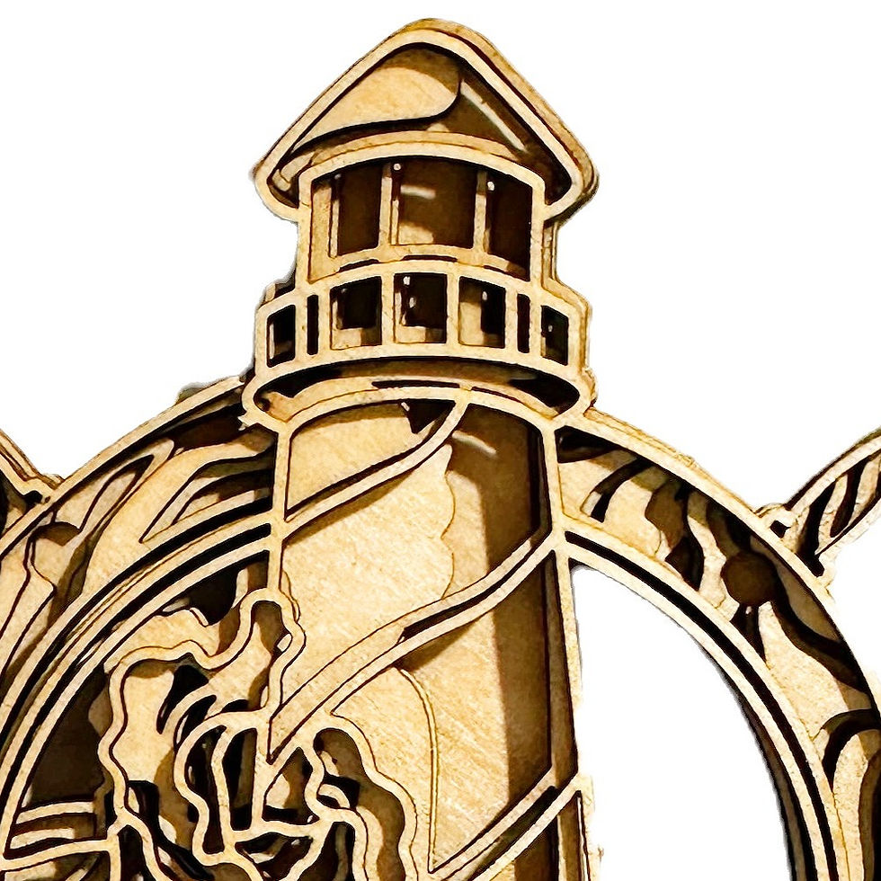 Thumbnail: Ornament, 3D Lighthouse Ships Wheel, Natural Wood