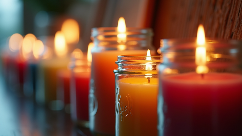 Close-up view of colorful candles in decorative jars