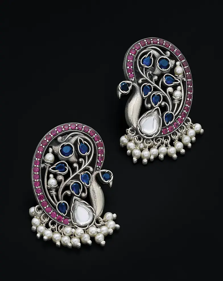 Peacock Motif Silver Earrings