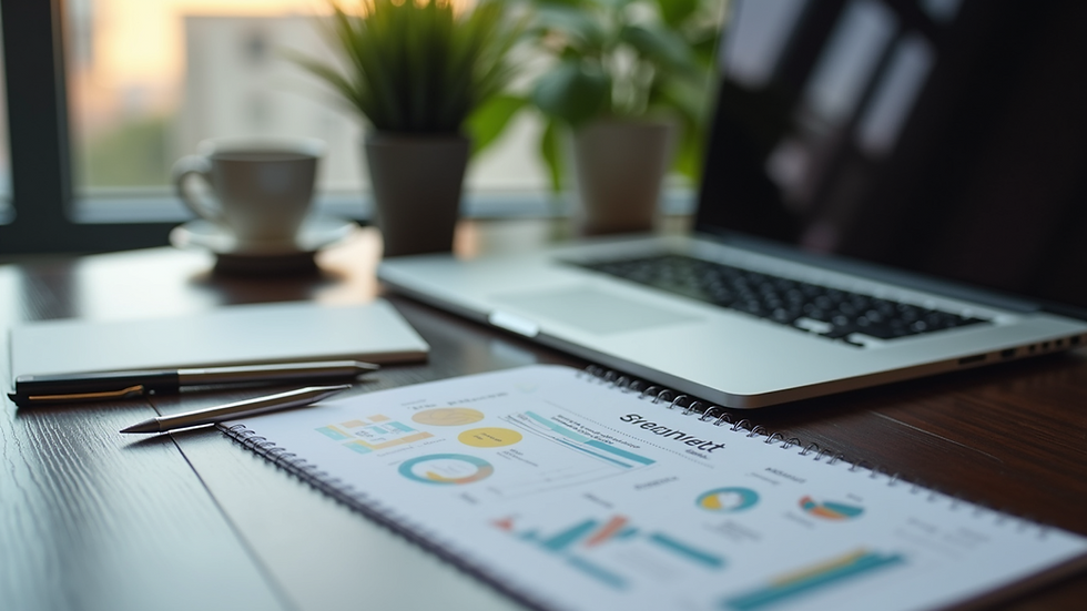 High-angle view of a modern workspace with a laptop and digital marketing materials